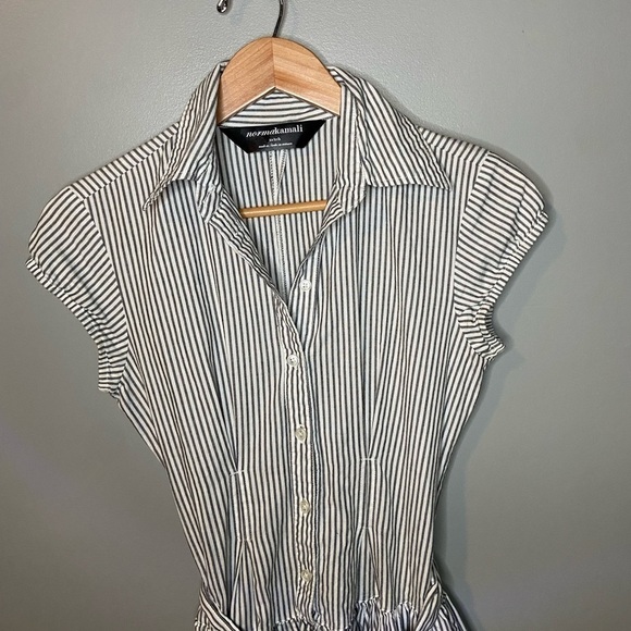 Norma Kamali Cap Sleeve Seersucker Stripe Tie Waist Shirt Dress - Picture 4 of 10